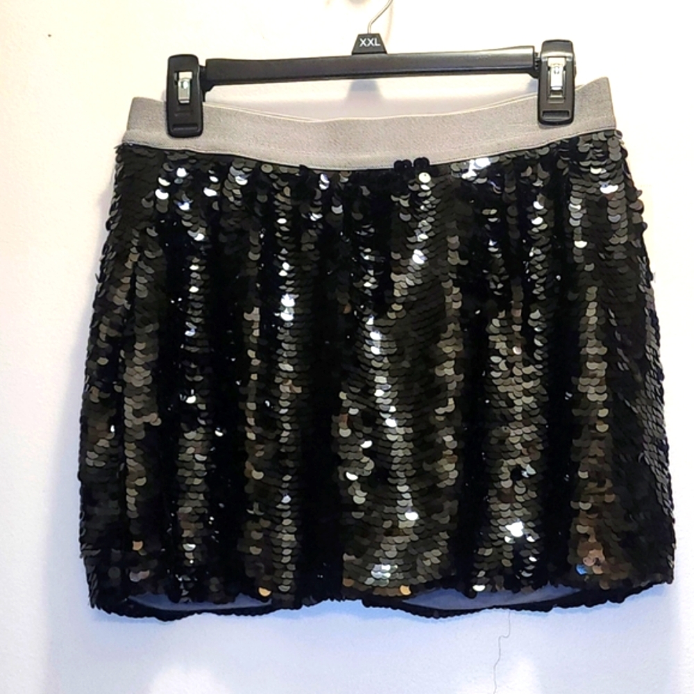 Poof Couture Black Sequin Mini Skirt M NWT